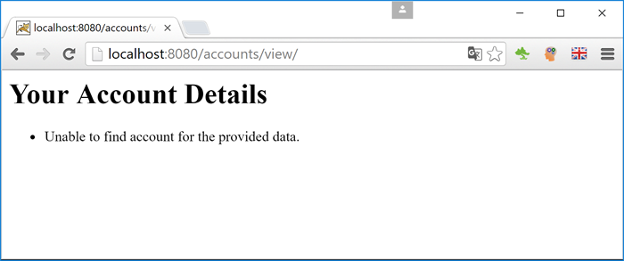 Account view page with validation error