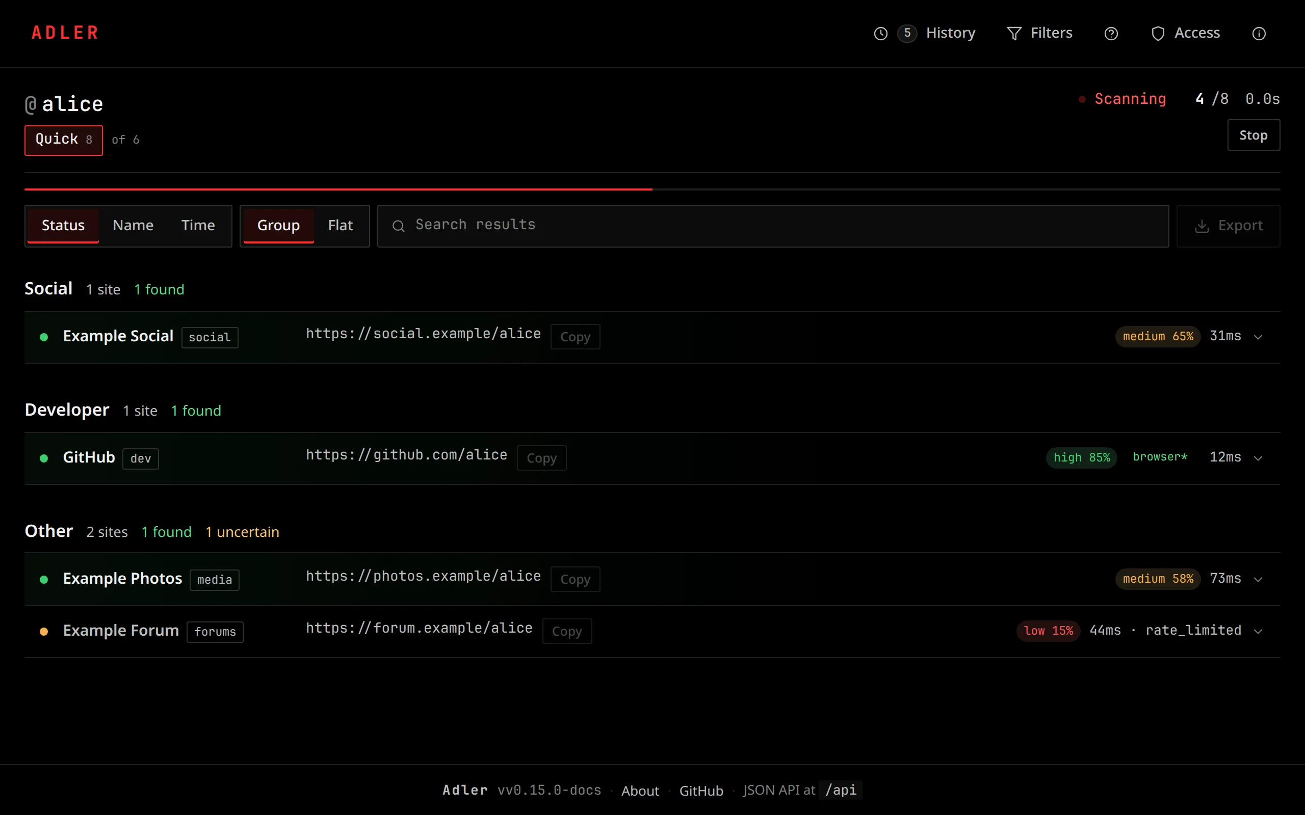 Adler Web UI running a scan with confidence chips and transport telemetry