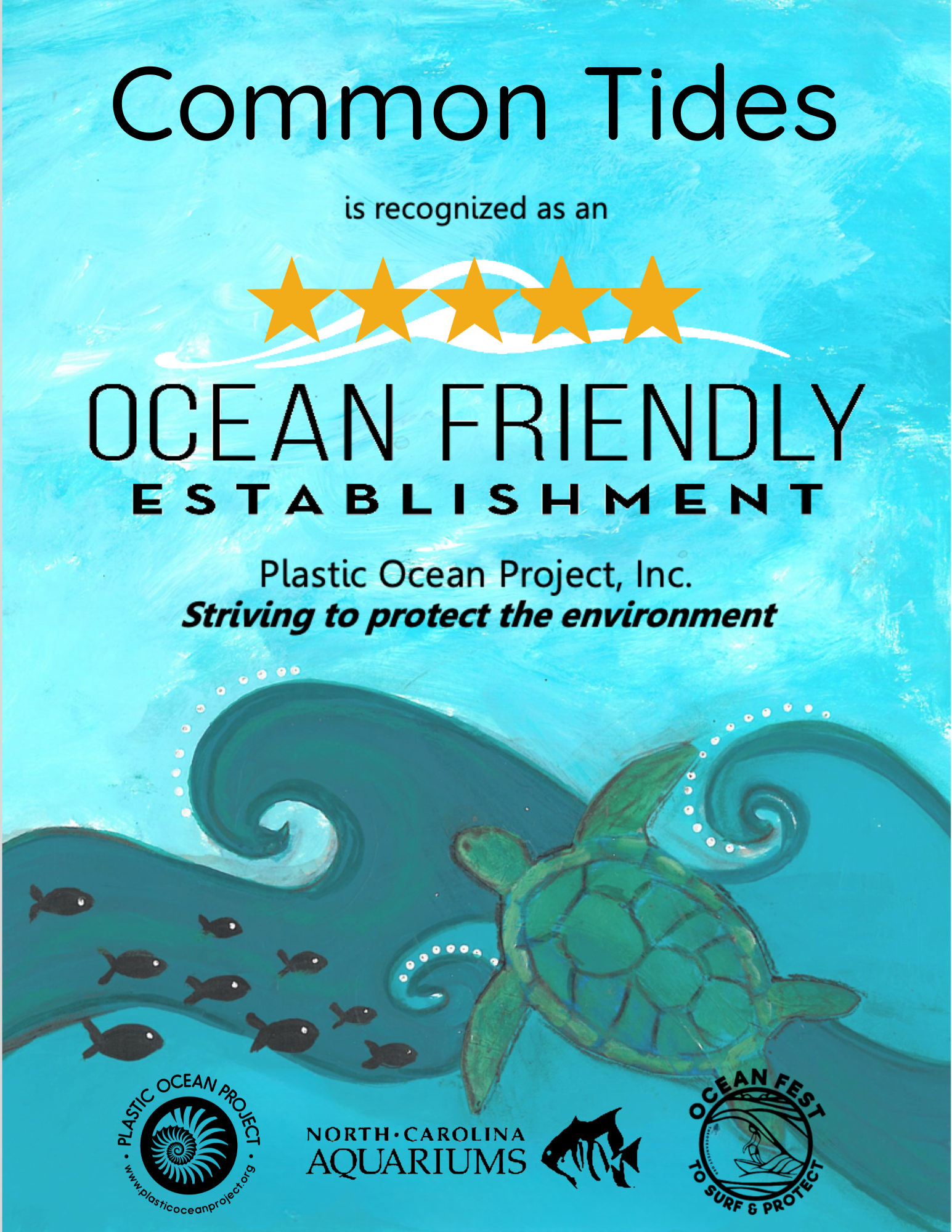 Common Tides Coffee 5-Star Ocean Friendly Establishment Certificate from Plastic Ocean Project