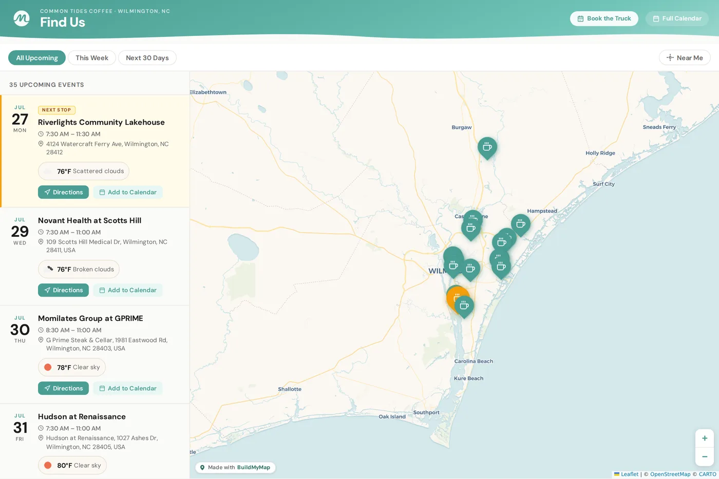 Live map at find.commontides.com showing upcoming Common Tides Coffee stops across Wilmington NC with the next stop highlighted, weather, directions, and add to calendar buttons