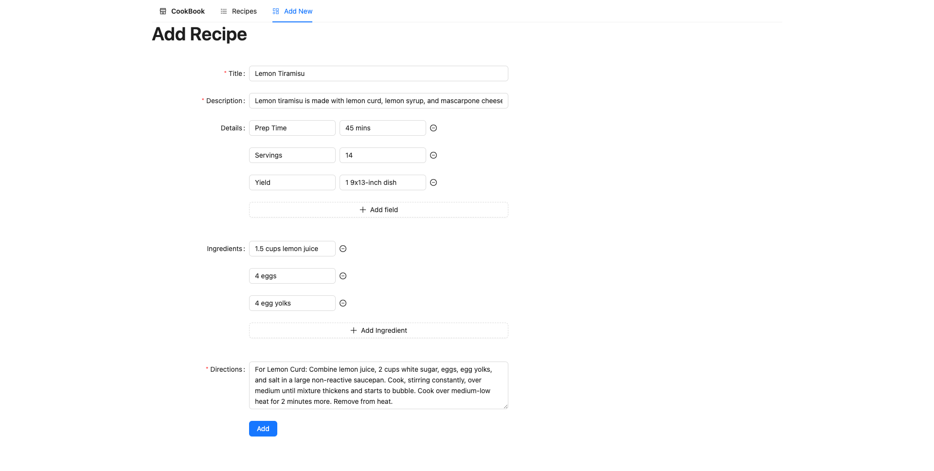 A screenshot of Add Recipe from from CookBook