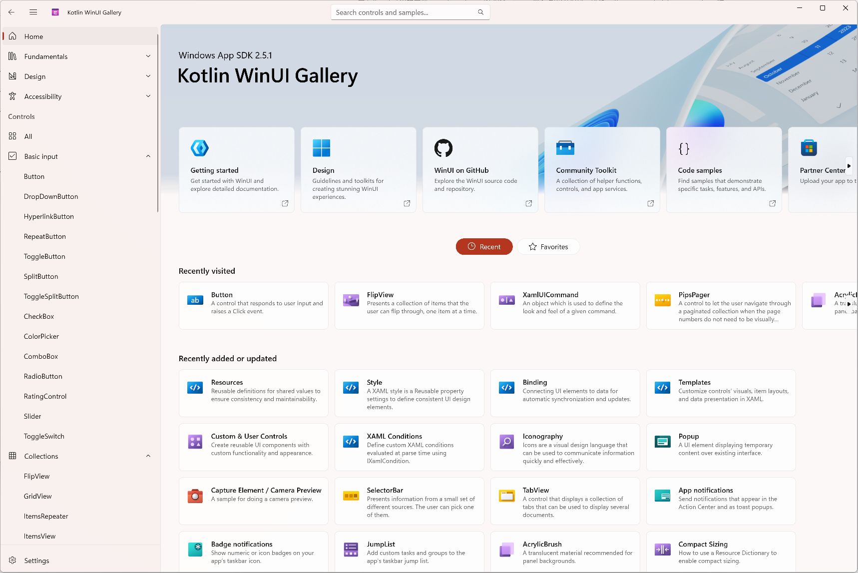 Kotlin WinUI Gallery home running on Windows