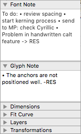 Font and glyph notes in the Palette sidebar.