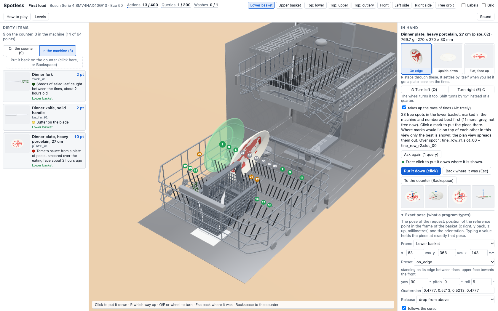 A screenshot showing a user holding a dinner plate above the lower rack of a simulated Bosch dishwasher, with numbered slots indicating suggested placement positions.