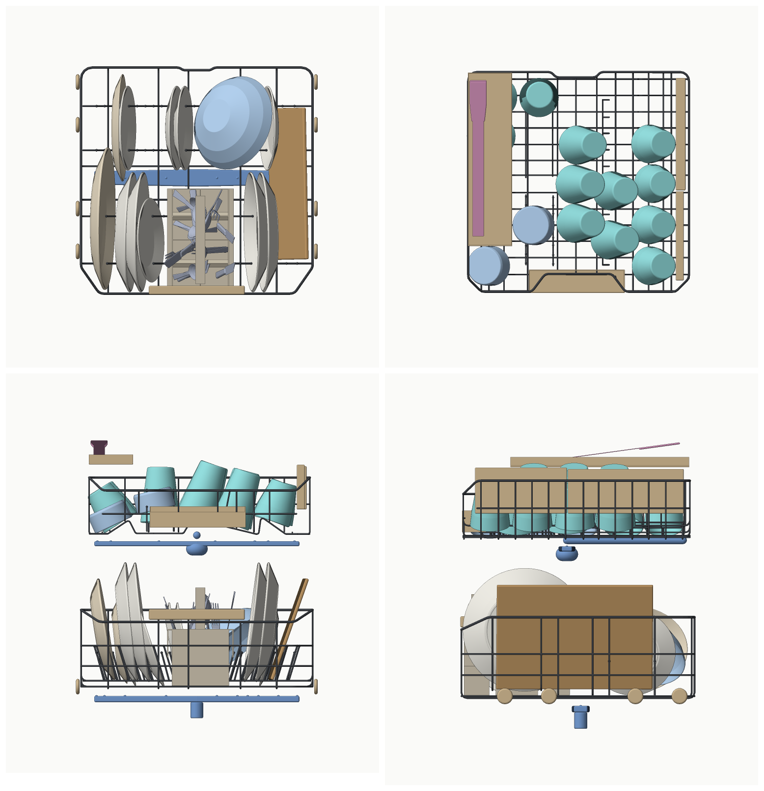Four orthogonal views of the careful reference load for the largest difficulty level, showing dishes arranged in the upper and lower racks.