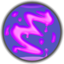 a goopy looking pinkish E over top of a darker purple background. there is a silver border around the circle. there are little lava bubbles floating up alongside the E.
