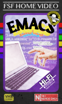 an emacs logo made to look like a VHS cover. it features a hand reaching towards a laptop overtop of some code in the background underneath the title "EMACS"