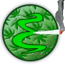 a green emacs logo smoking a low-res blunt with weed leaves behind the 'E'