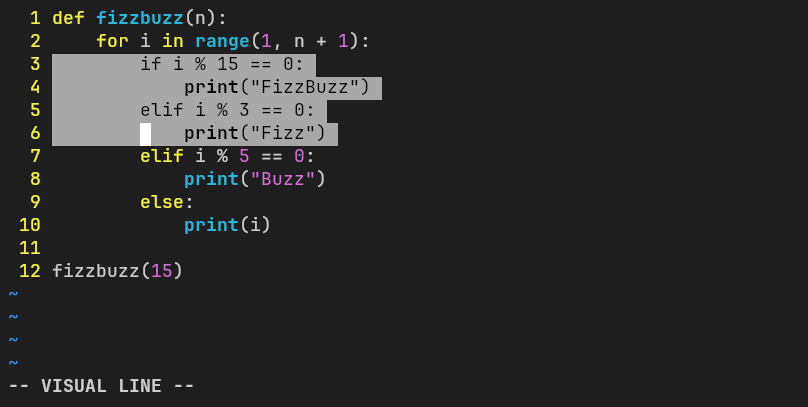 A terminal_screenshot of vim with Python syntax highlighting and four lines selected