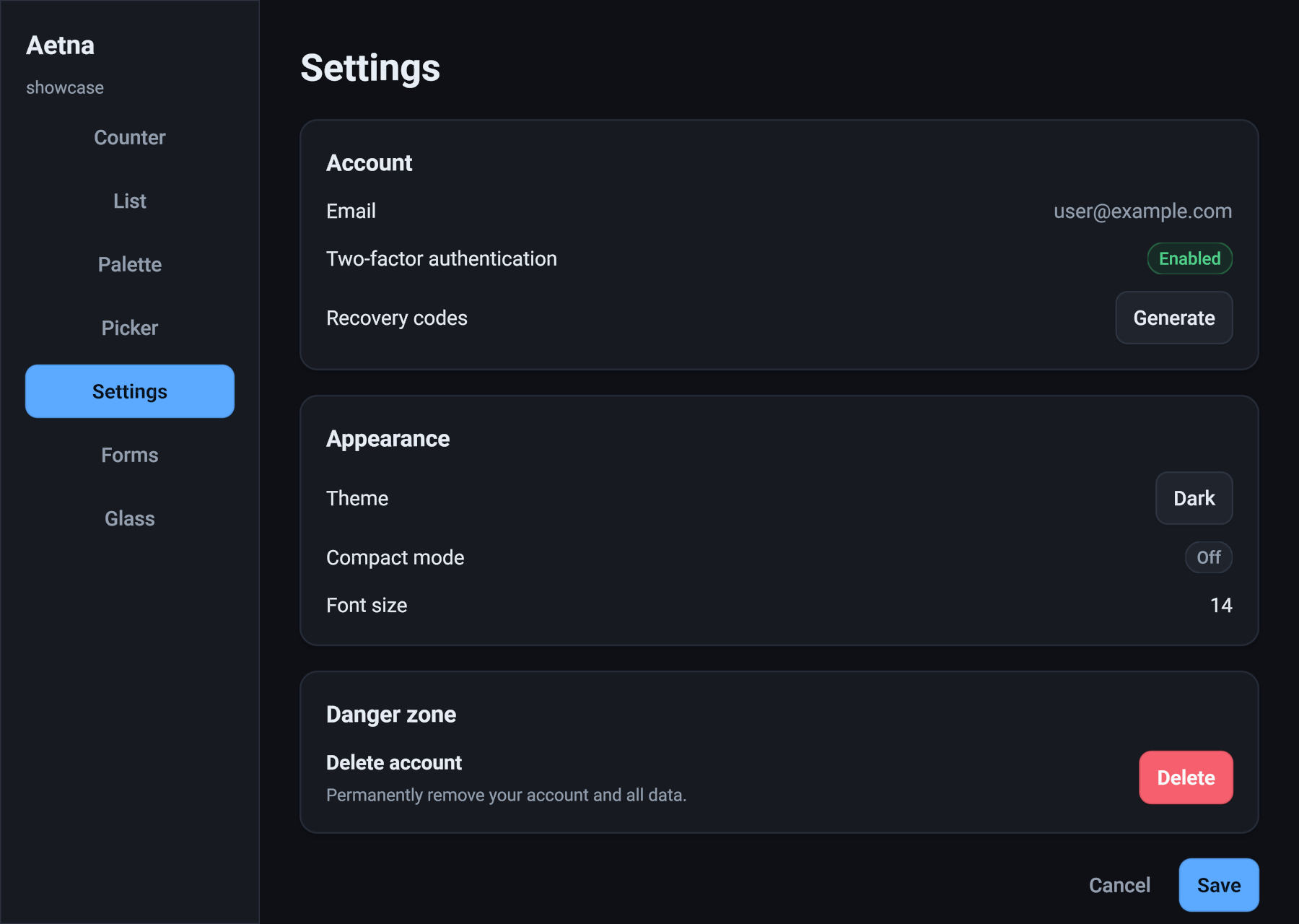 Aetna showcase — Settings section, headless wgpu render