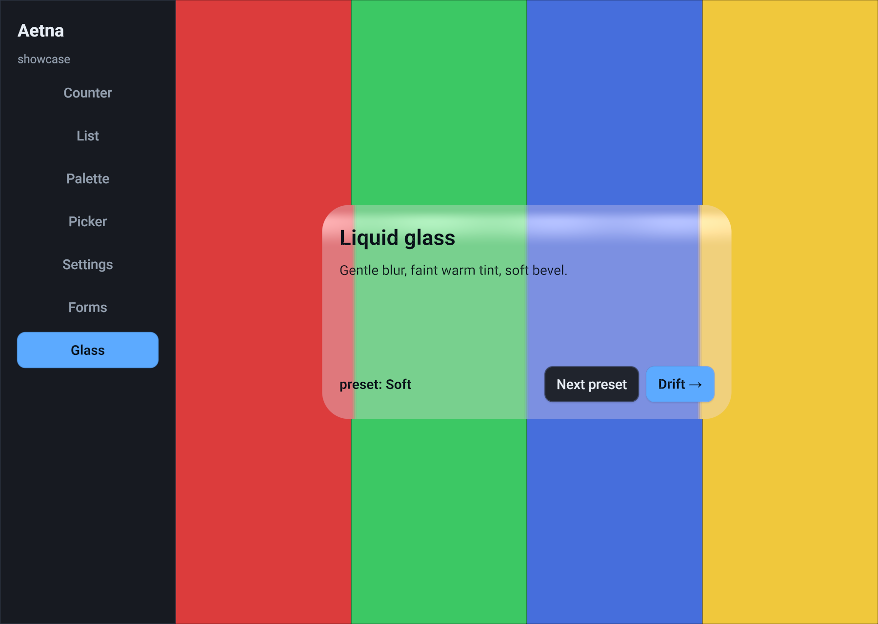 Liquid-glass section — custom shader sampling the wgpu backdrop