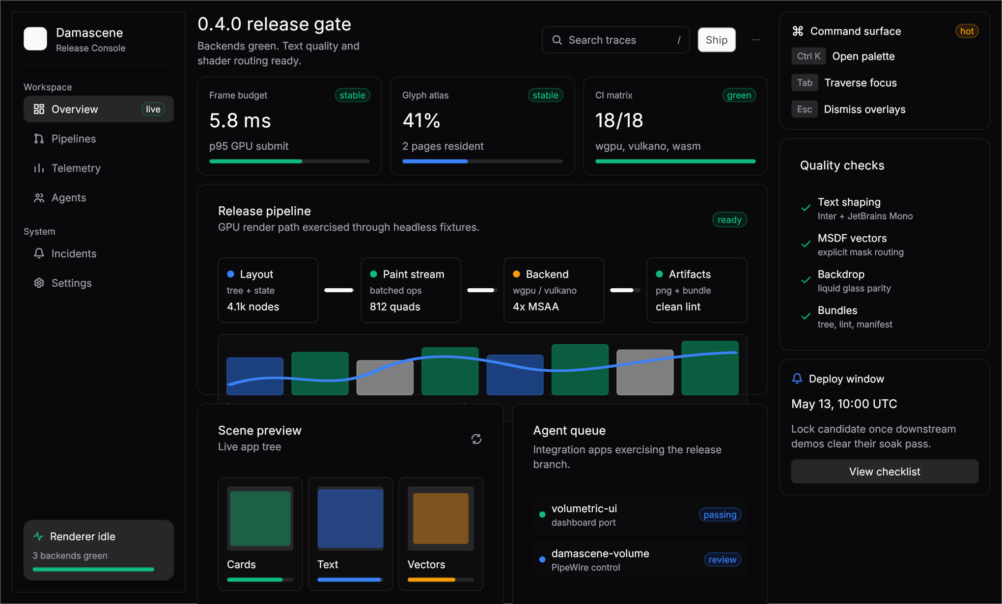 Damascene hero demo — release console rendered headlessly through the wgpu backend