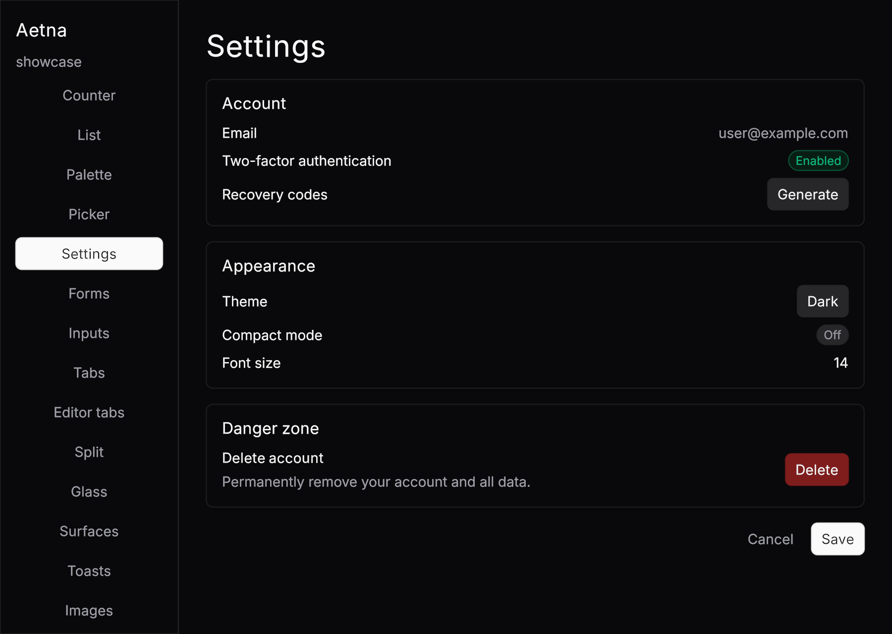 Settings section — running through the native winit + wgpu host