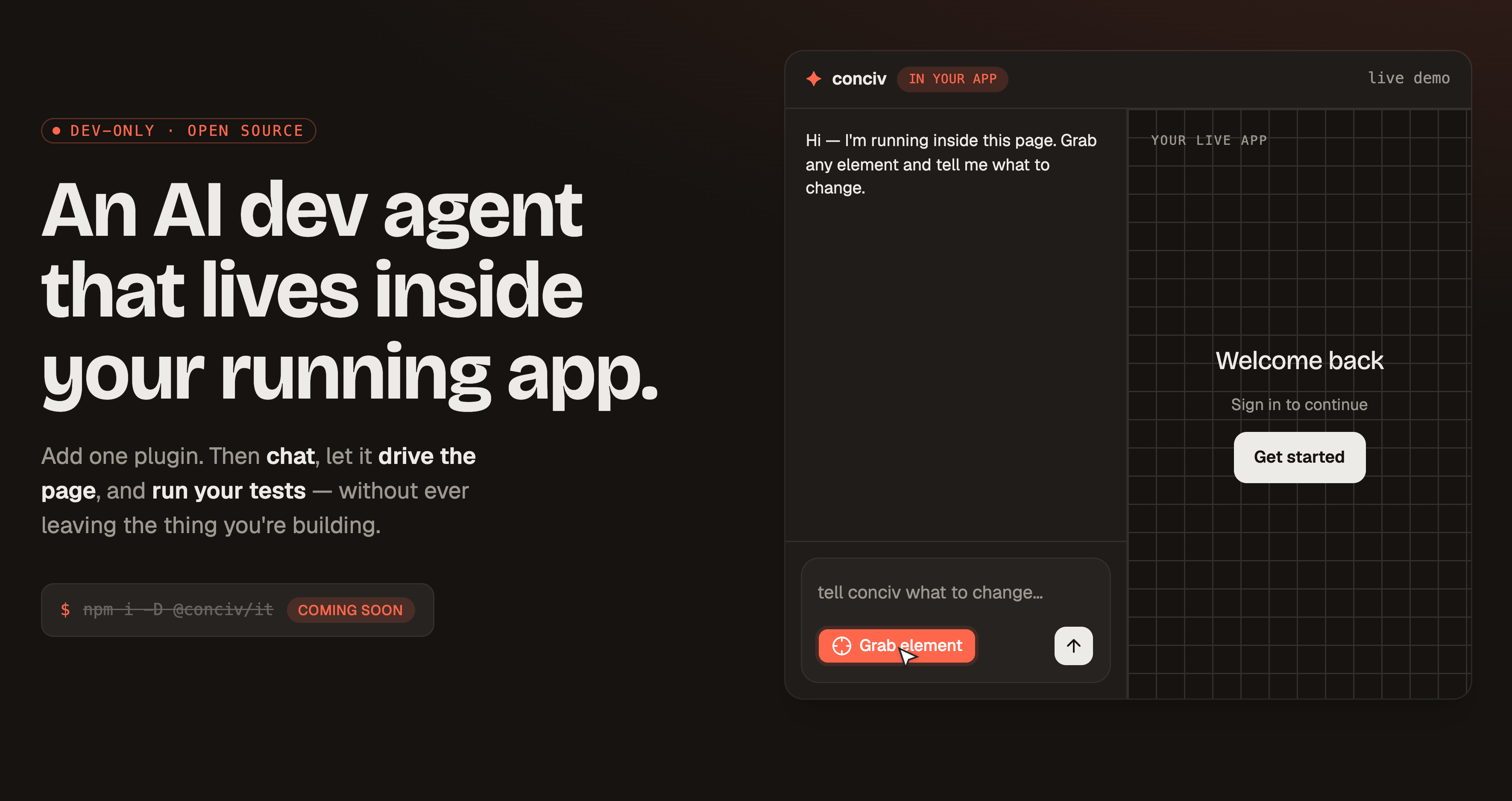 conciv — an AI dev agent that lives inside your running app