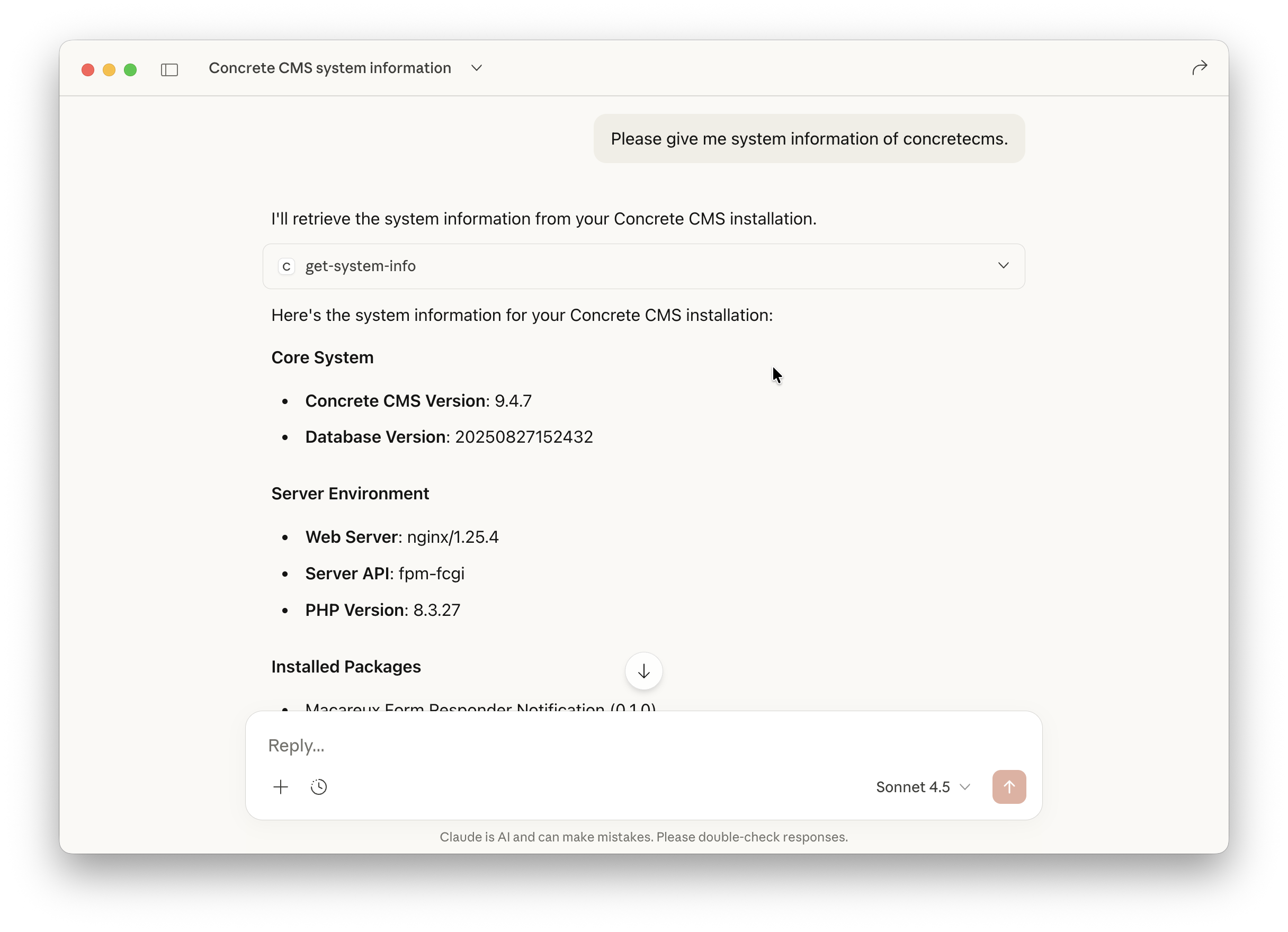 Screenshot of a chat with Claude Desktop and a Concrete CMS MCP Server