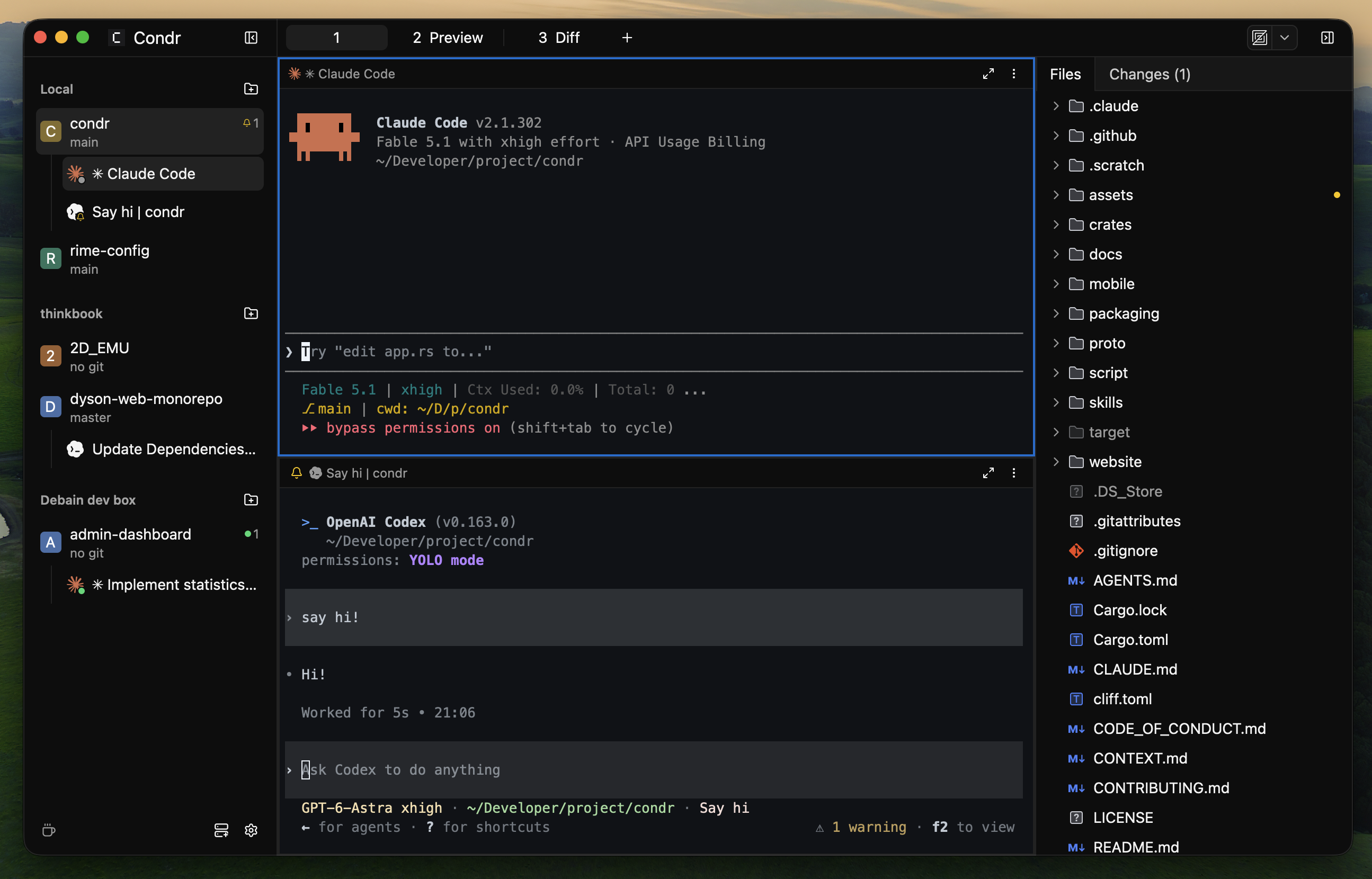 Condr connected to local and remote Servers, with Claude Code and Codex running side by side in each Workspace