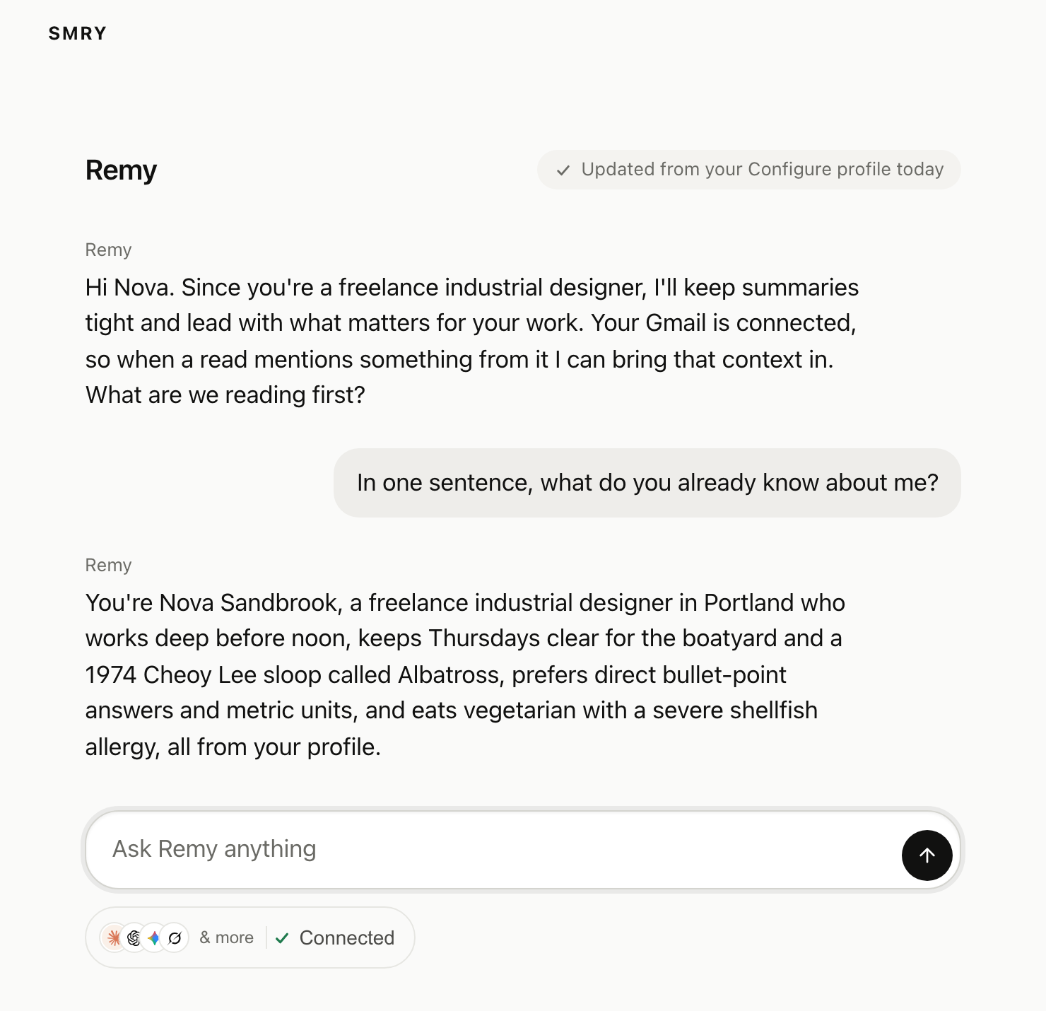A chat headed Remy with a pill reading Updated from your Configure profile today, Remy's first message naming her work, and an answer to what do you know about me drawn from her profile
