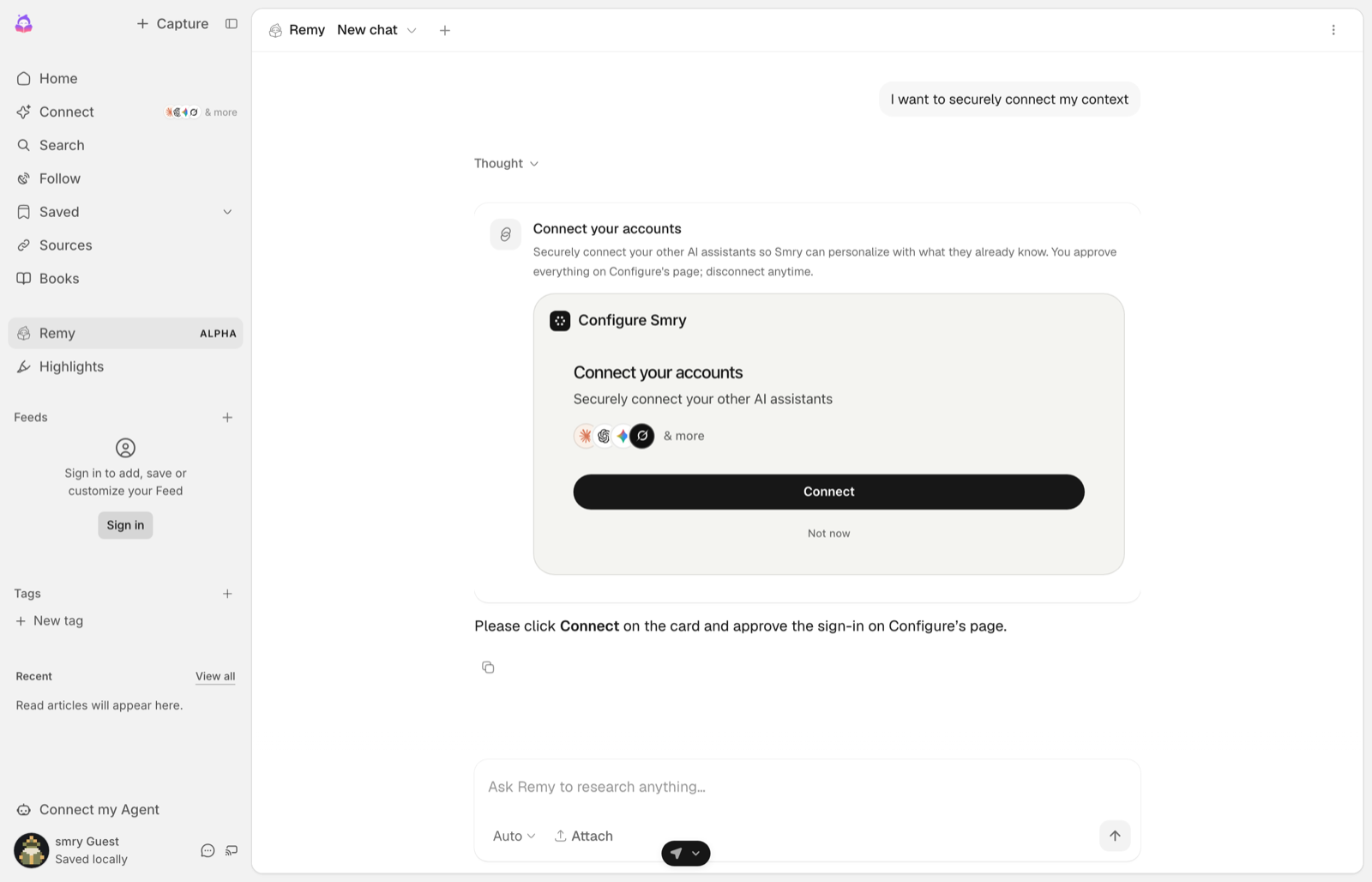 A chat where the user's message reads I want to securely connect my context, and Configure's hosted card appears below it with a Connect button