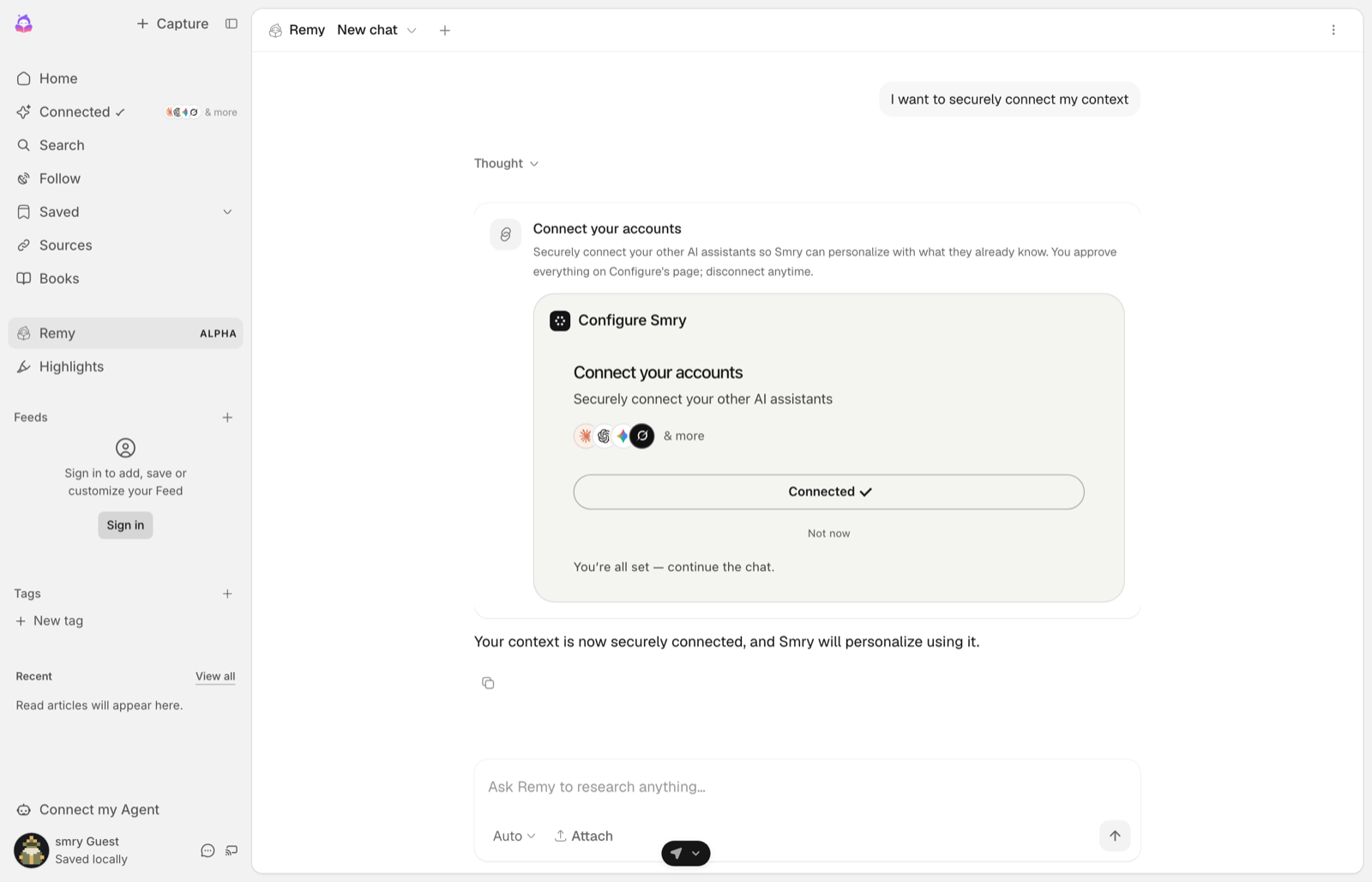 The same chat, with Configure's card now reading Connected and You're all set