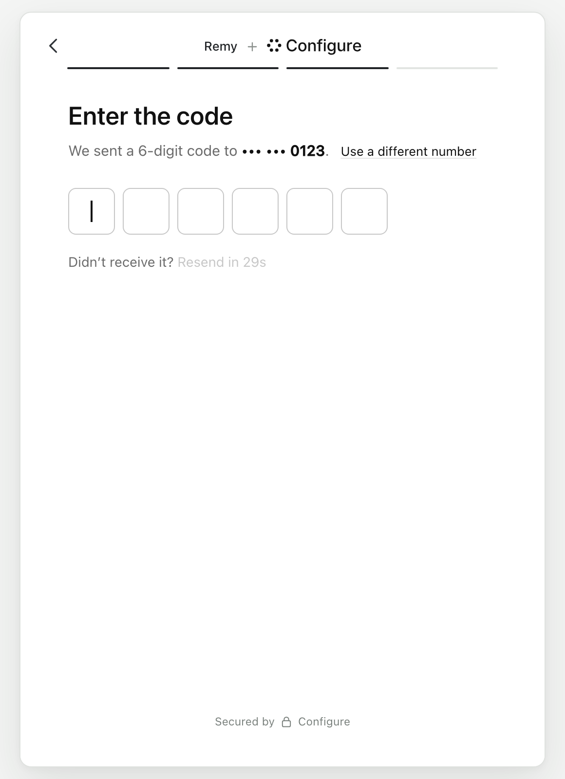 Configure's code screen reading Enter the code, with six empty boxes and a resend countdown