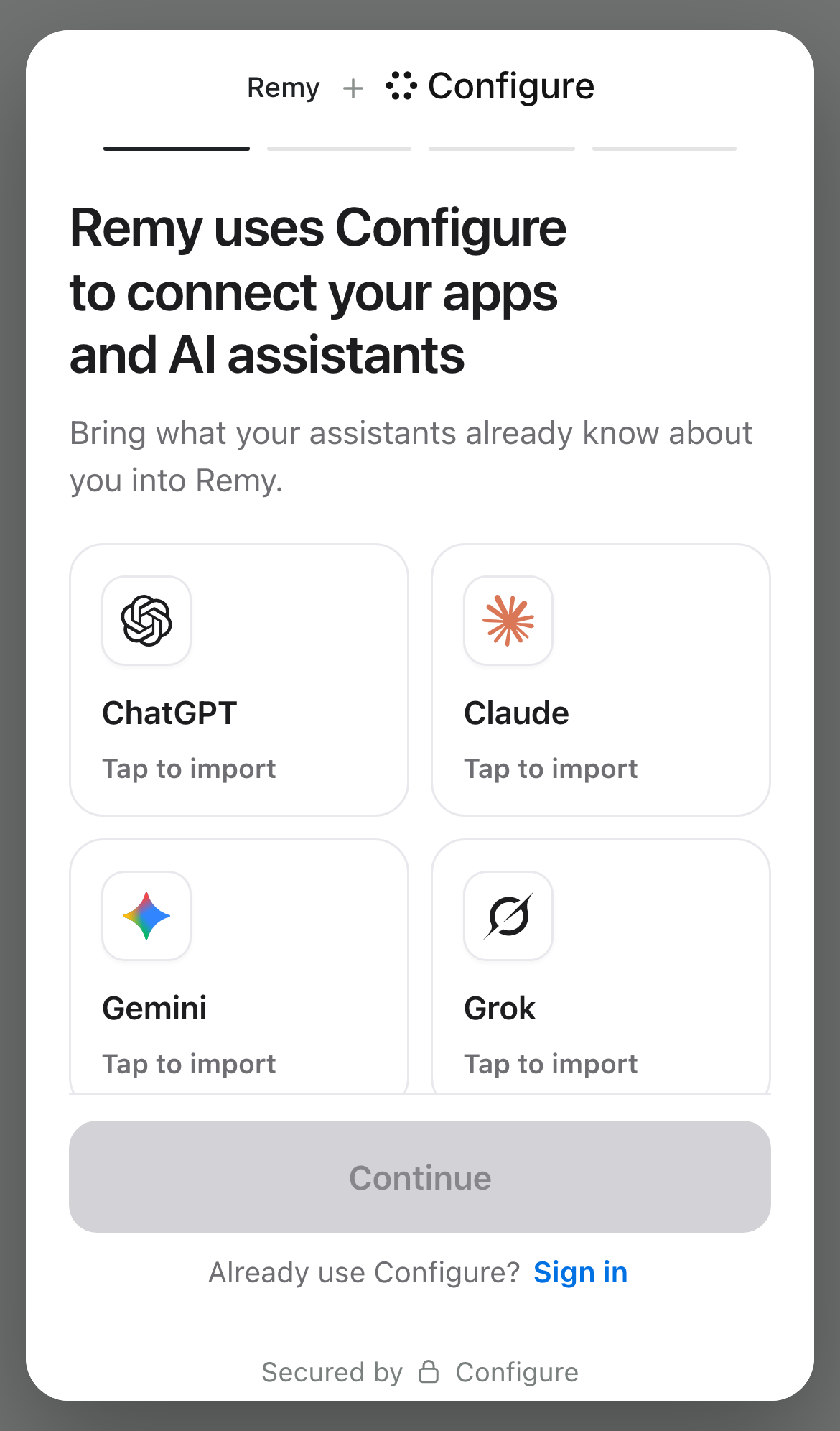 The import screen on a phone