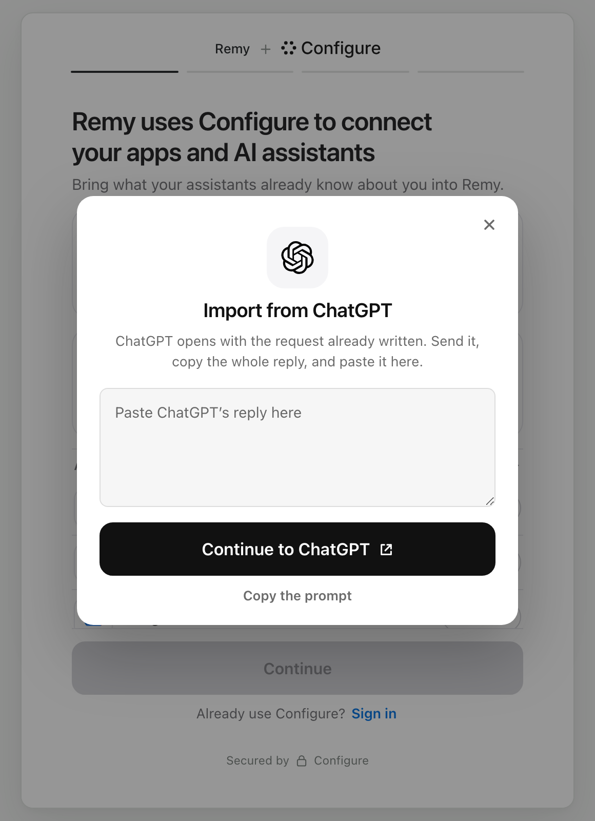 The Import from ChatGPT dialog over the import screen, with a paste box, Continue to ChatGPT, and Copy the prompt