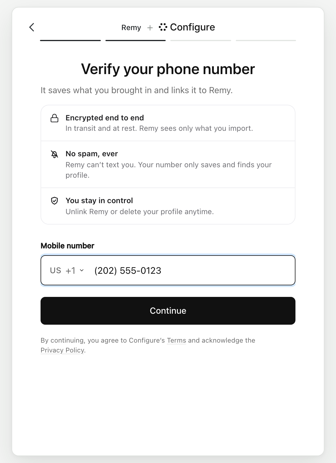 Configure's phone screen reading Verify your phone number, with a phone field filled in and a Continue button