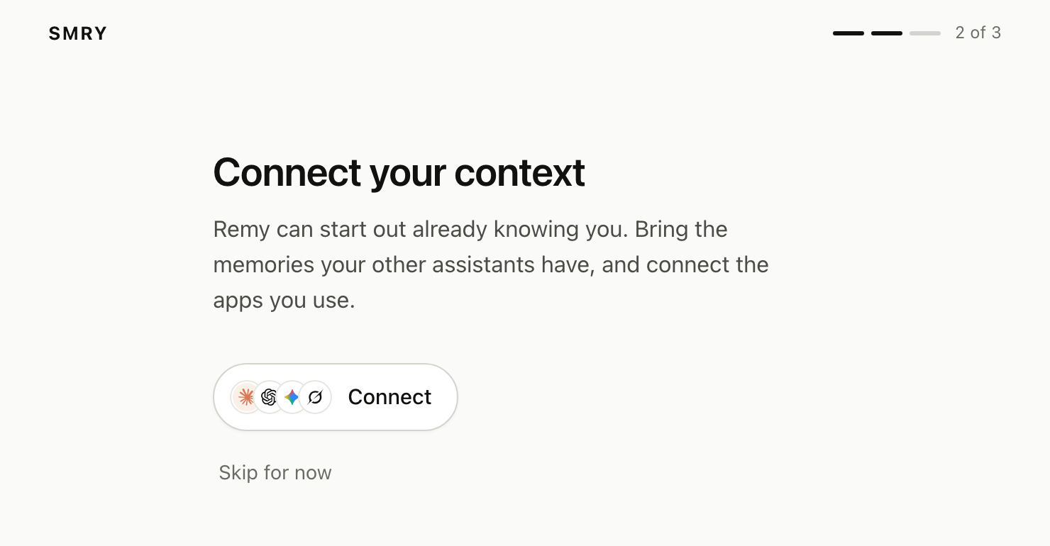 An onboarding screen titled Connect your context, with a chip reading Connect followed by the four provider marks
