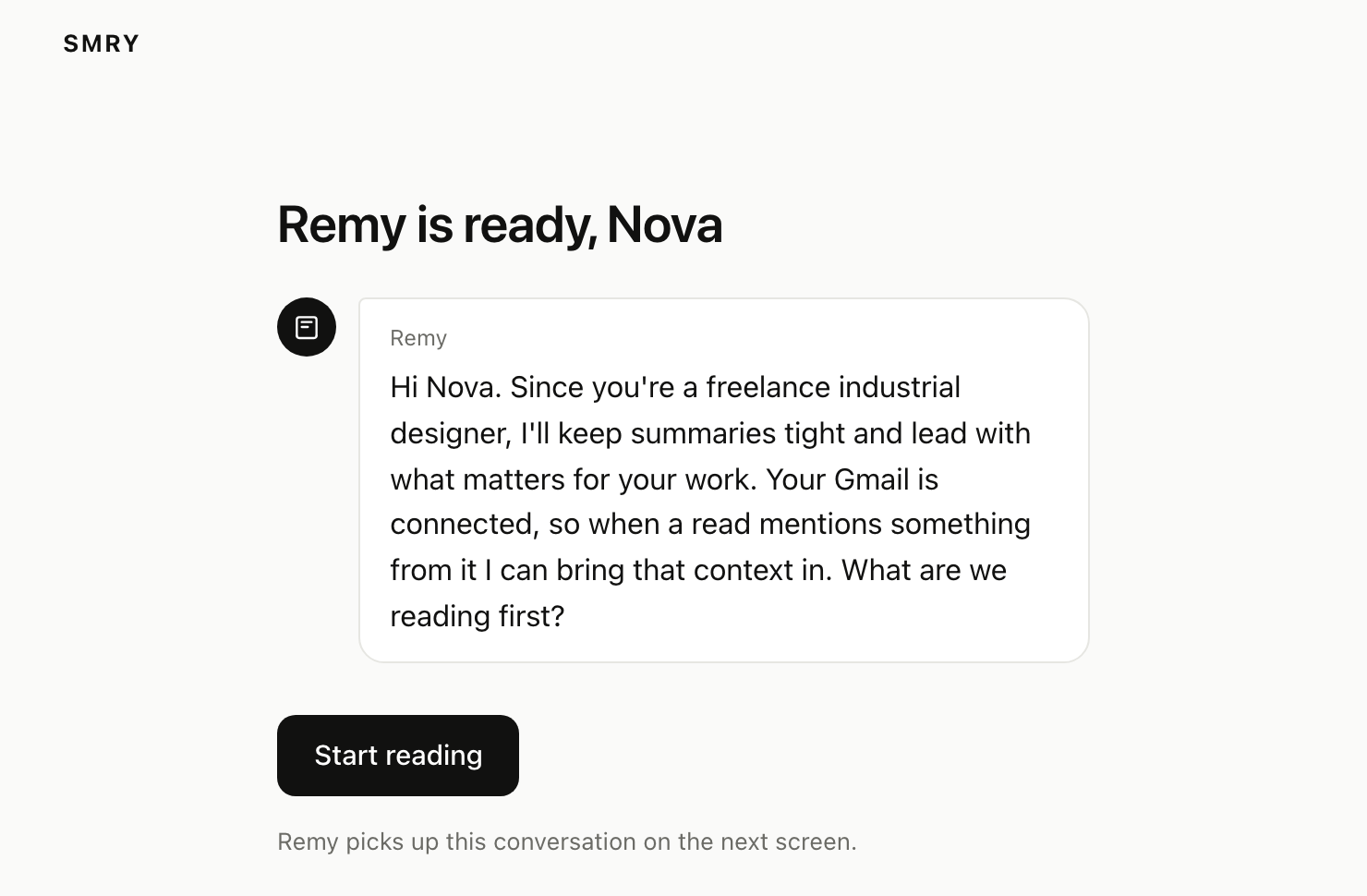 A screen titled Remy is ready, Nova, with Remy's first message naming her work, her connected Gmail, and asking what to read first