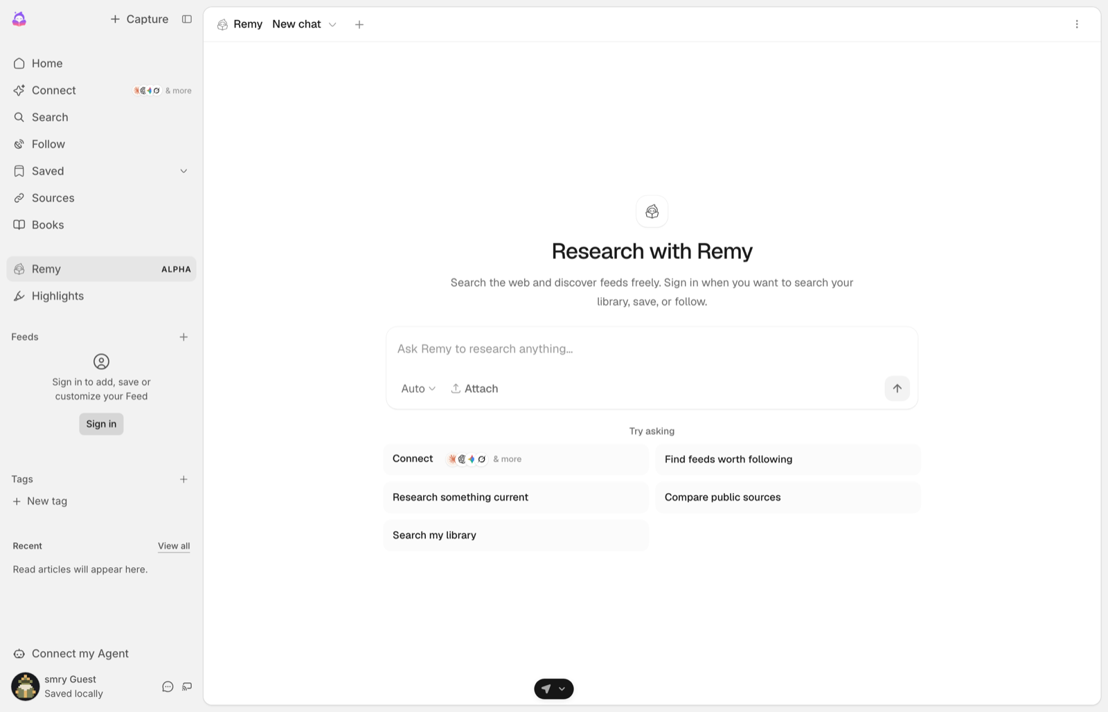 A new chat's empty state with the chip first in the Try asking grid