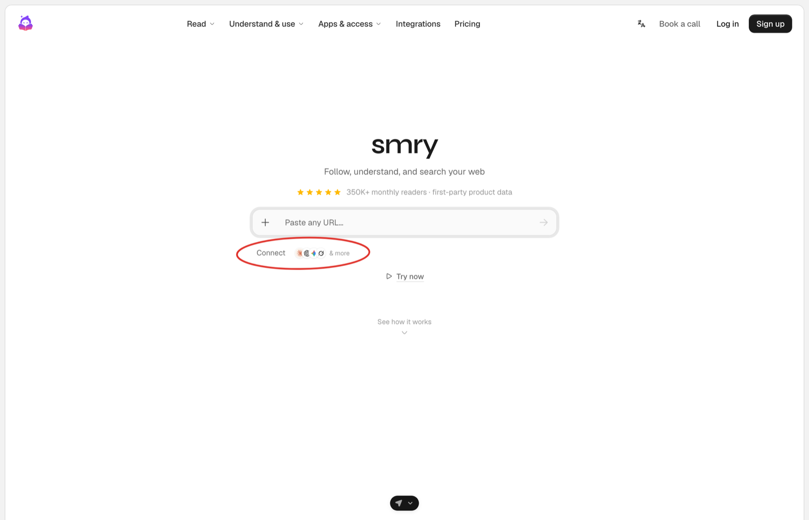 The app's landing page with the entry point circled in red: a chip reading Connect with the Claude, ChatGPT, Gemini, and Grok marks