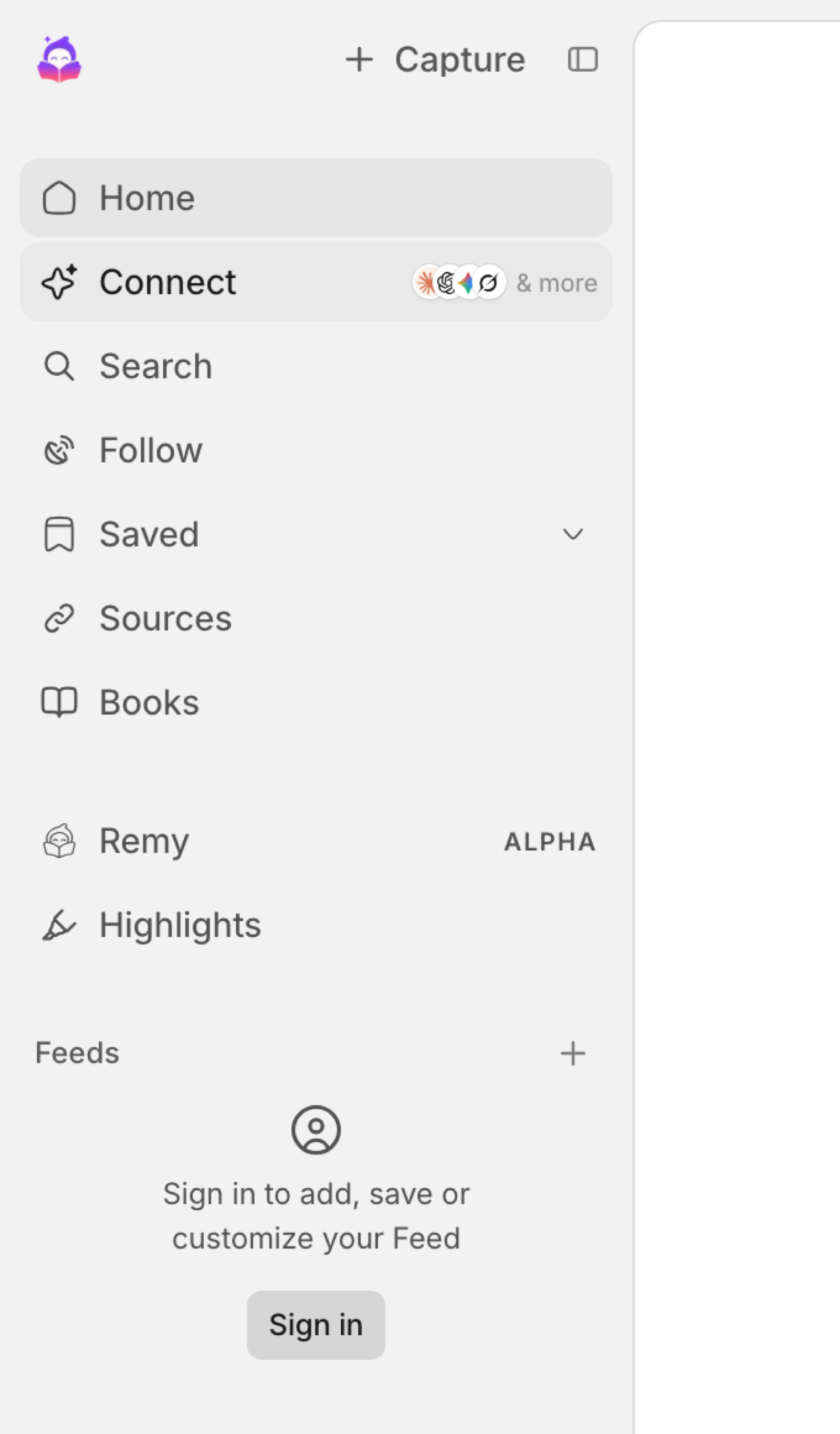 The app's sidebar with a Connect tab directly under Home, followed by the Claude, ChatGPT, Gemini, and Grok marks and the words and more