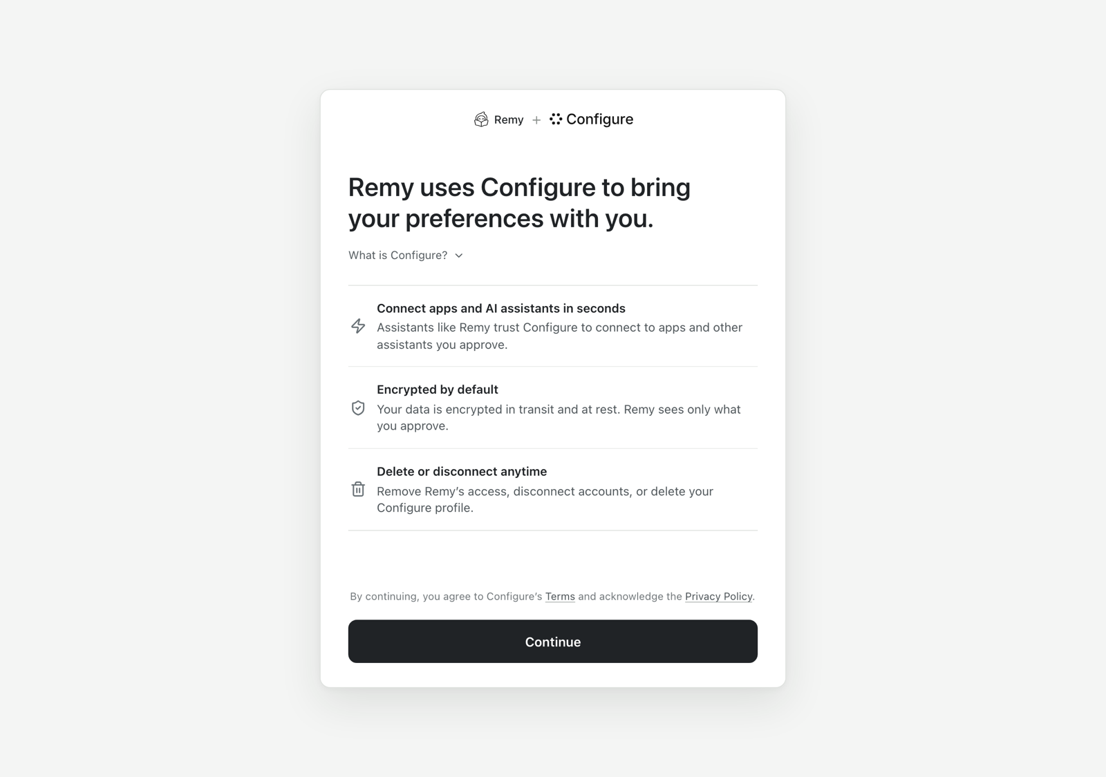 Hosted page reading: Remy uses Configure to bring your preferences with you