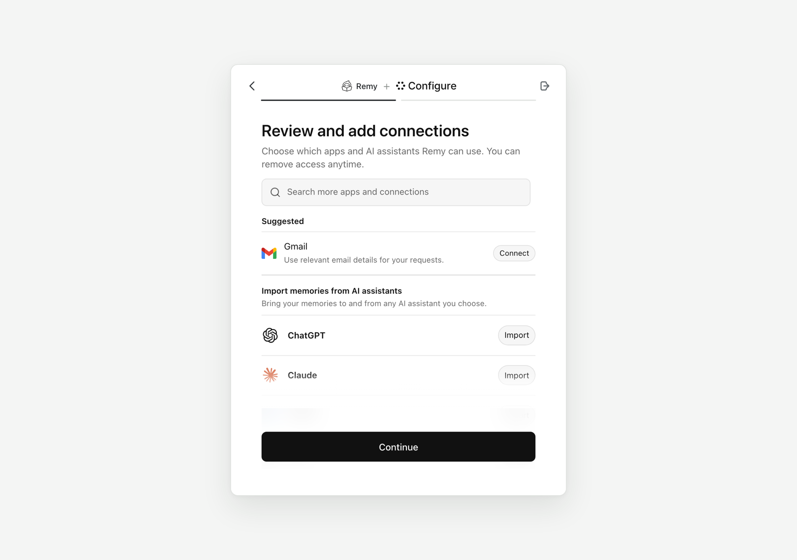 Hosted page reading Review and add connections, with Gmail to connect and ChatGPT and Claude memories to import
