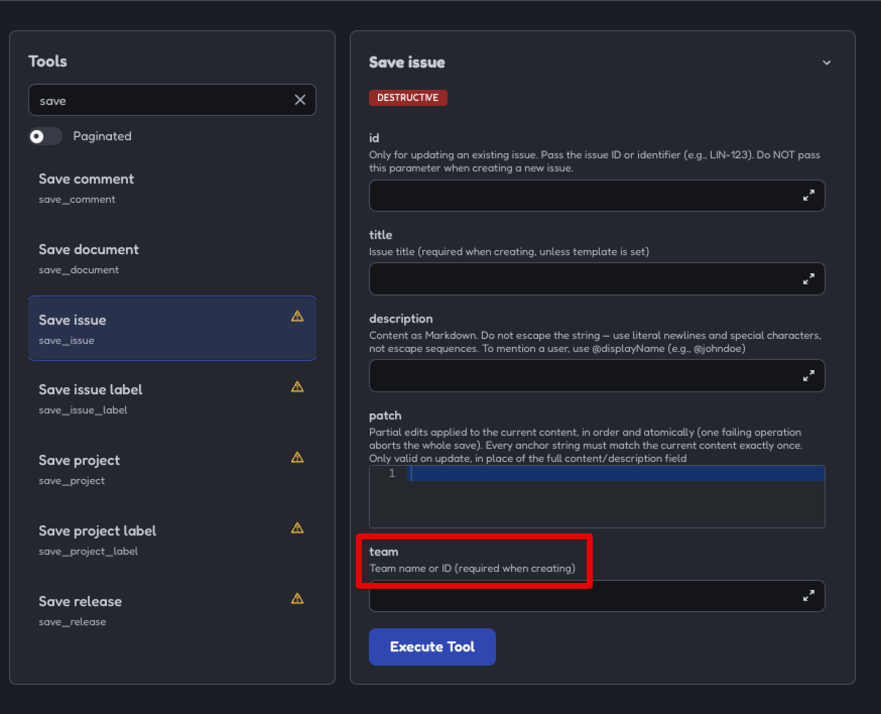 MCP inspector save_issue