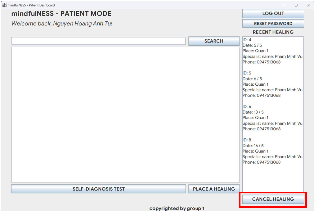 Cancel Healing in Patient Dashboard