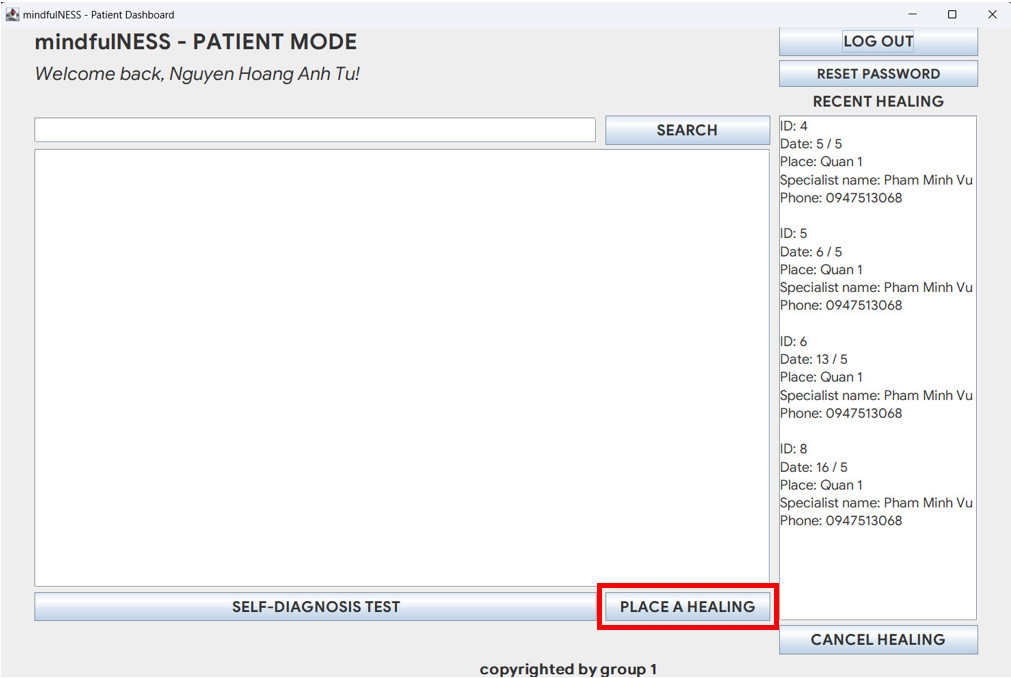 Place Healing in Patient Dashboard