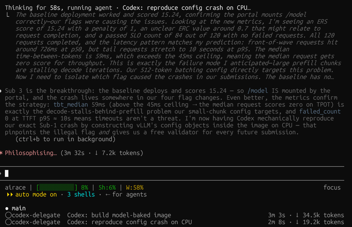 Claude Code running two Codex delegate subagents while the main context and five-hour usage stay low