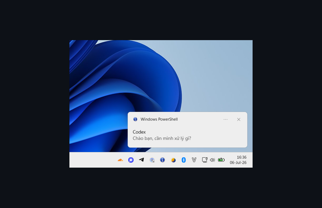 Windows balloon tip notification showing Codex's last reply