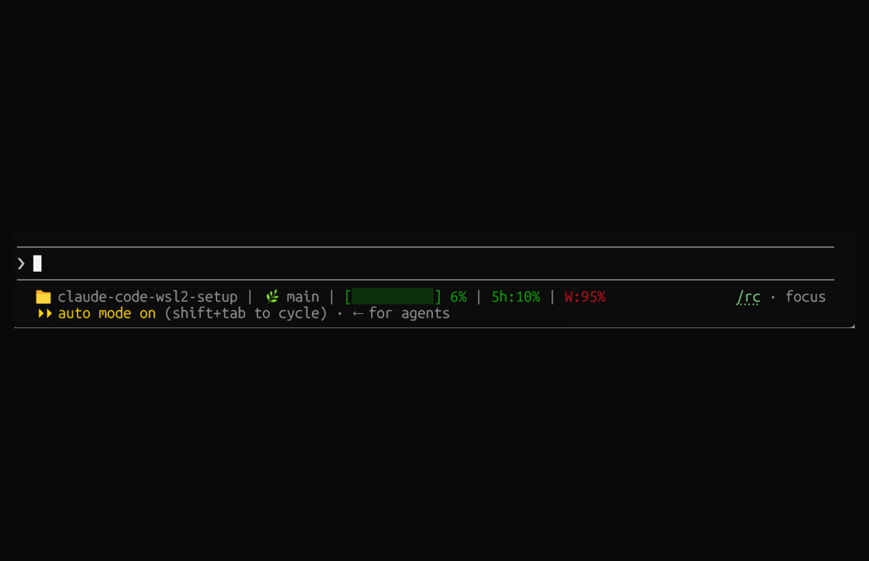 Custom statusline showing project, context bar, 5h and weekly usage