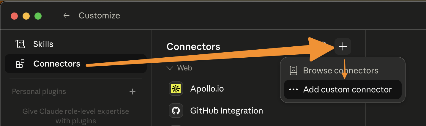 Add custom connector from the Connectors panel