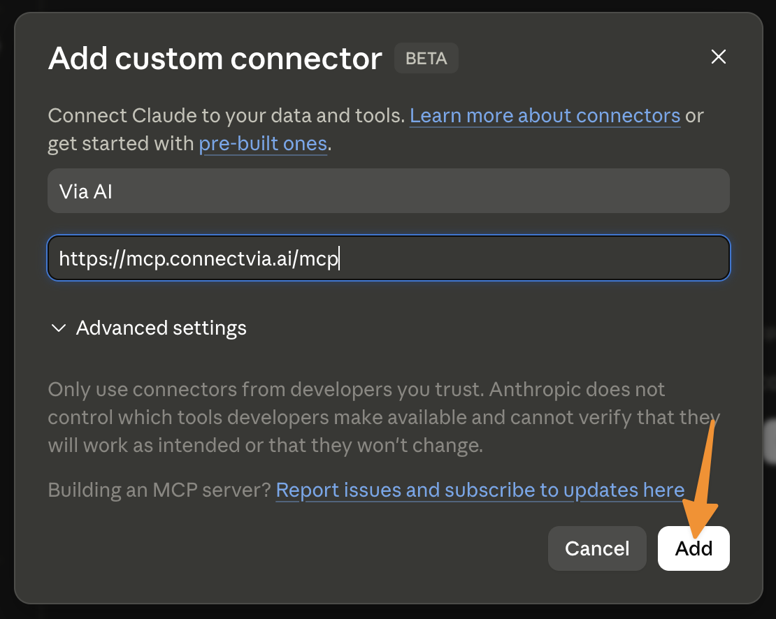 Add custom connector dialog with the Via AI URL