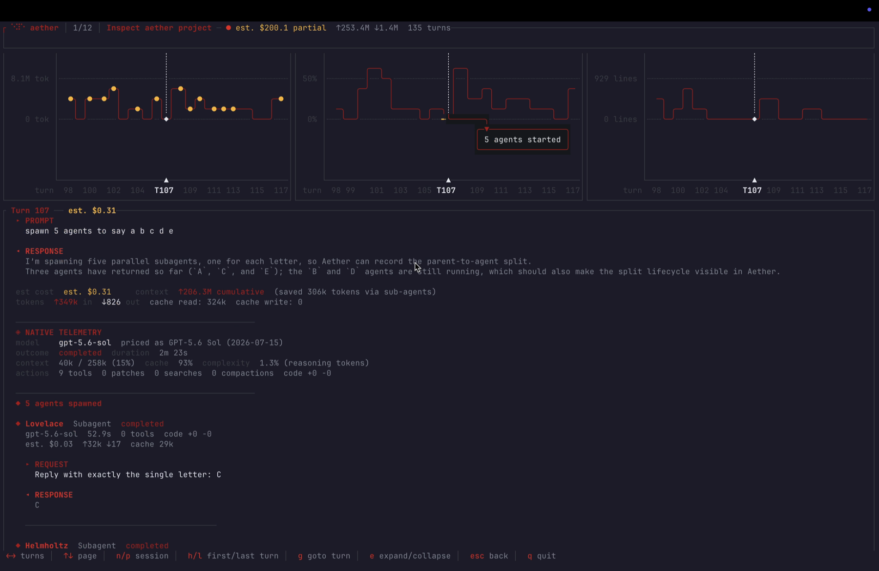 Aether showing nested agents inside their parent Codex turn