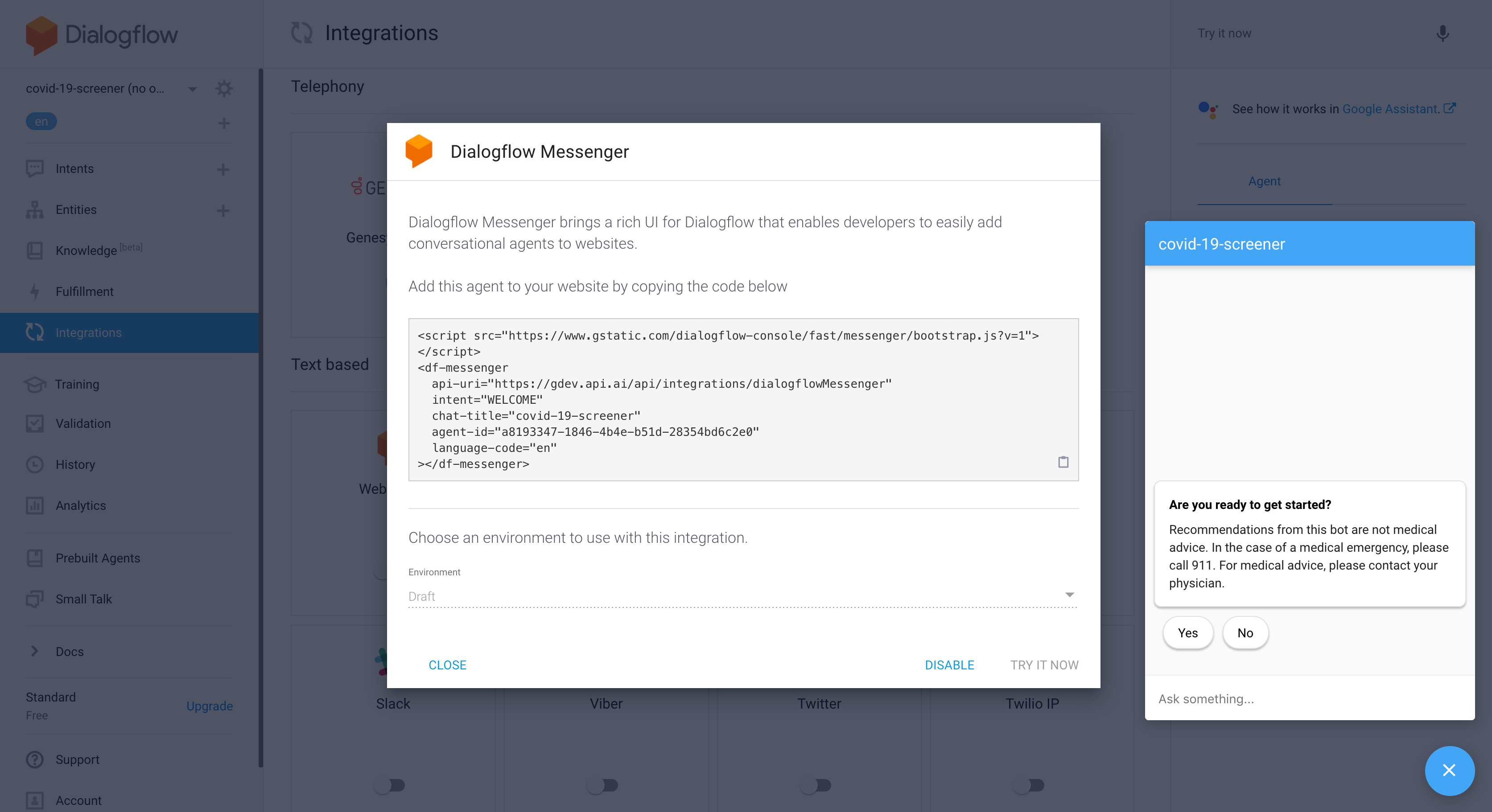 Dialogflow Messenger Screenshot