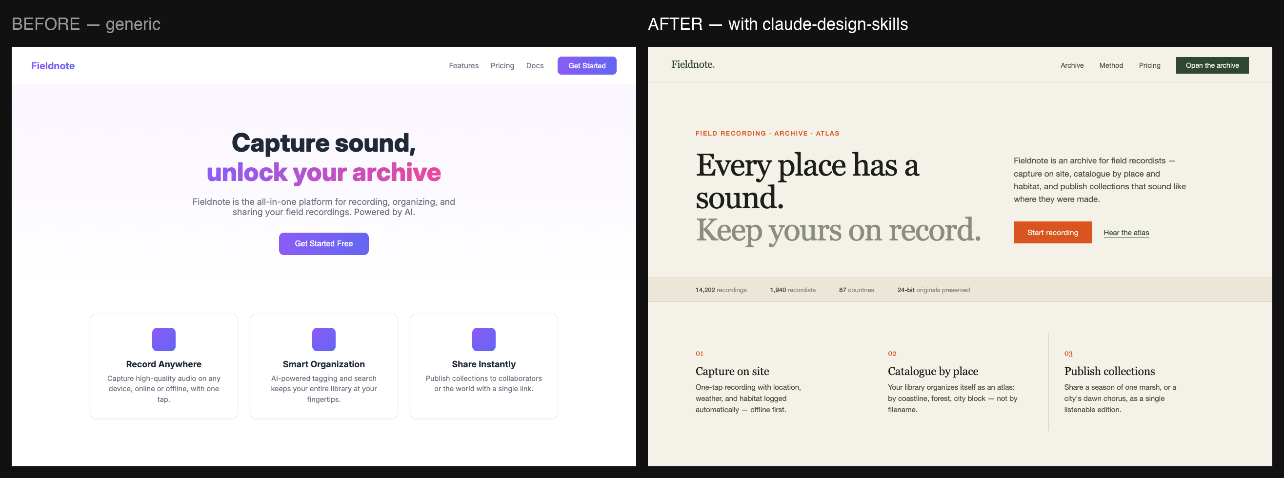 Before / after: a generic AI landing page vs the same page with these skills applied