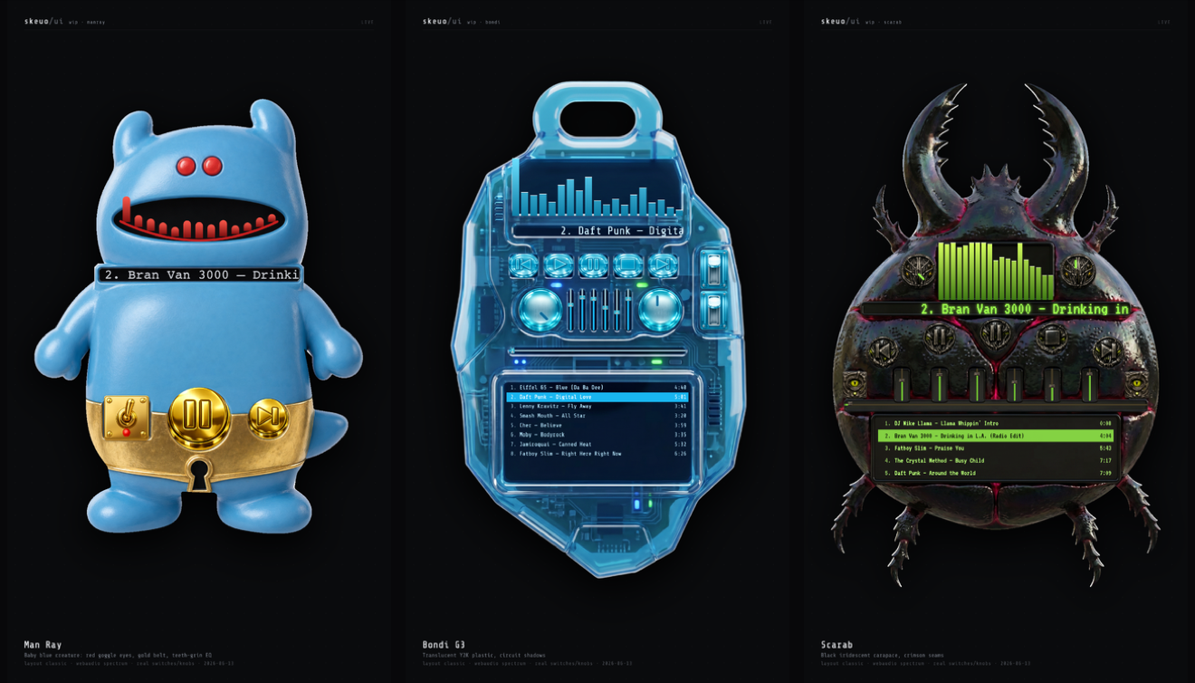skeuo: skeuomorphic music-player skins with working switches, knobs, and faders generated from one-sentence prompts