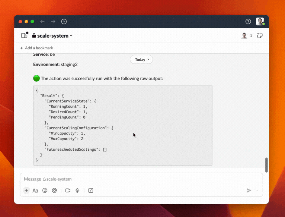 Scheduled scaling of Back End service on AWS Fargate from Slack using Connery