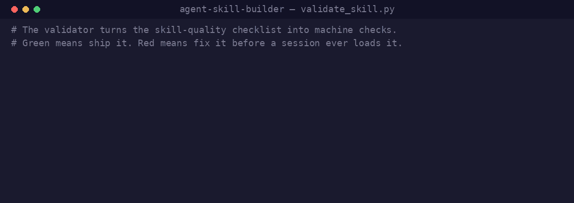 Terminal demo showing the validator pass valid skills and fail a deliberately broken one.