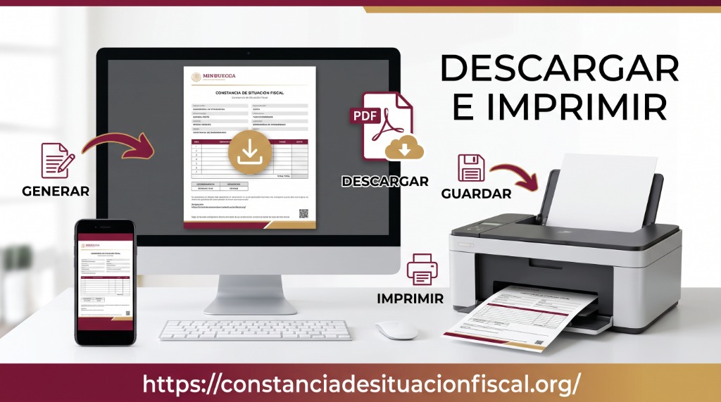 Proceso de descarga e impresión de Constancia de Situación Fiscal - generar, descargar PDF, guardar e imprimir