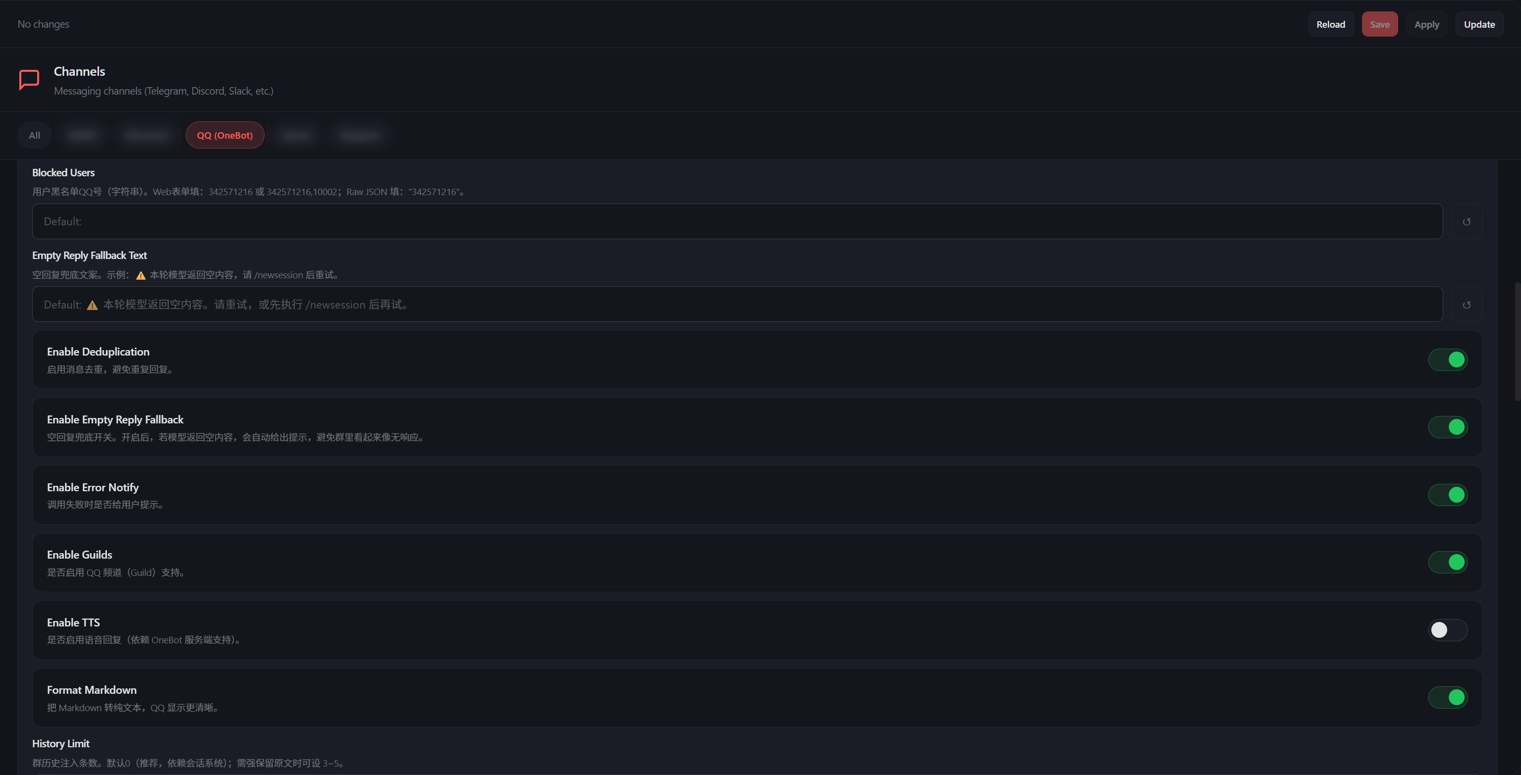 Ejemplo de configuración en OpenClaw WebUI